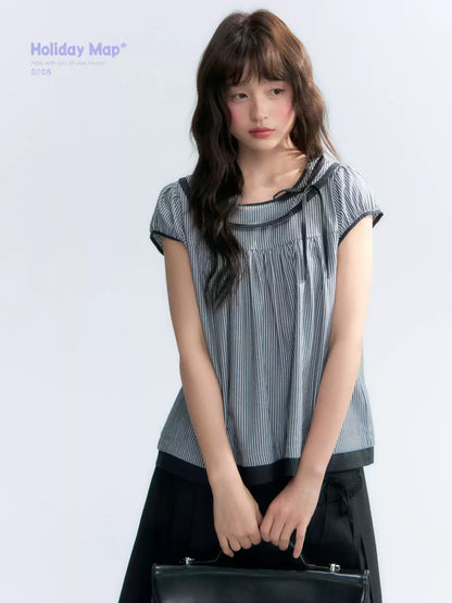 "Black Toast" Black Stripe Asymmetrical Collar Babydoll Blouse