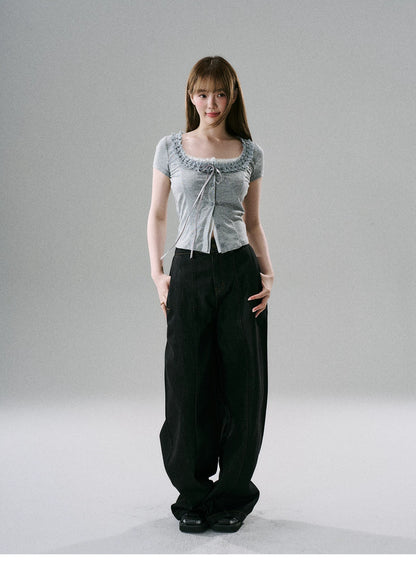 LOST FOREST - Faux-Layered Lace Short-Sleeve Top (Gray White / Black White)