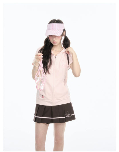 "Strawberry Daydream" Pink Hooded Zip-Up & Brown Skirt Set