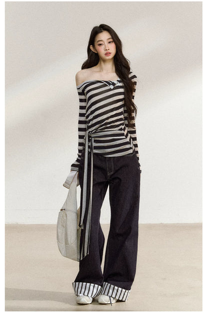 JN's DESIGN - Asymmetrical Striped Long-Sleeve Top with Tie Detail