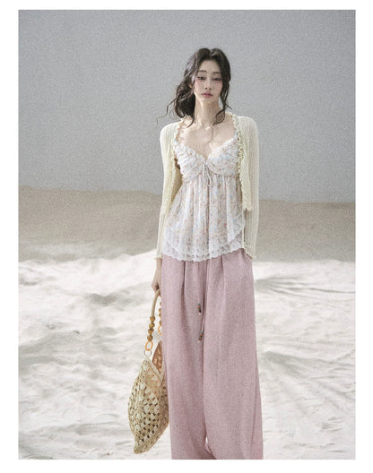 "Follow the Sea Breeze" Lightweight Straight-Leg Wide-Leg Pants (Lotus Pink/ Gray Sage Green/ Gray Blue)