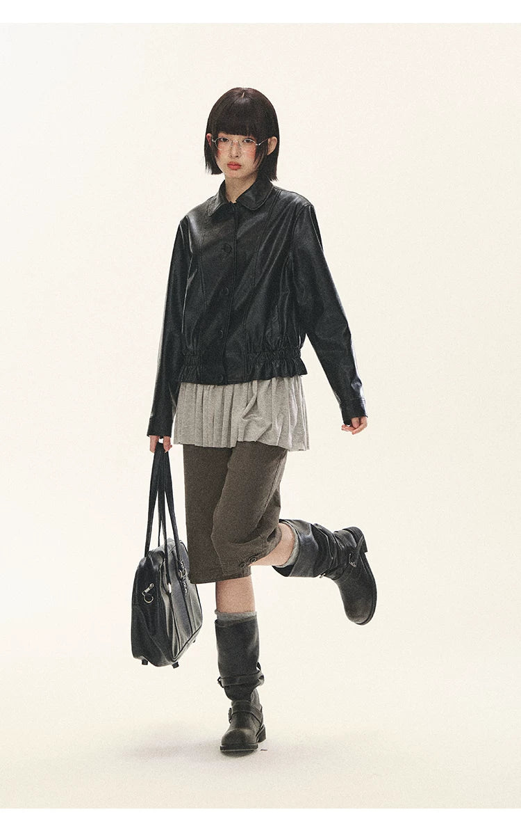 "Venus Gallery" Black Ruffle Collar Cropped Faux Leather Jacket