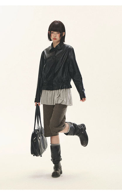 "Venus Gallery" Black Ruffle Collar Cropped Faux Leather Jacket