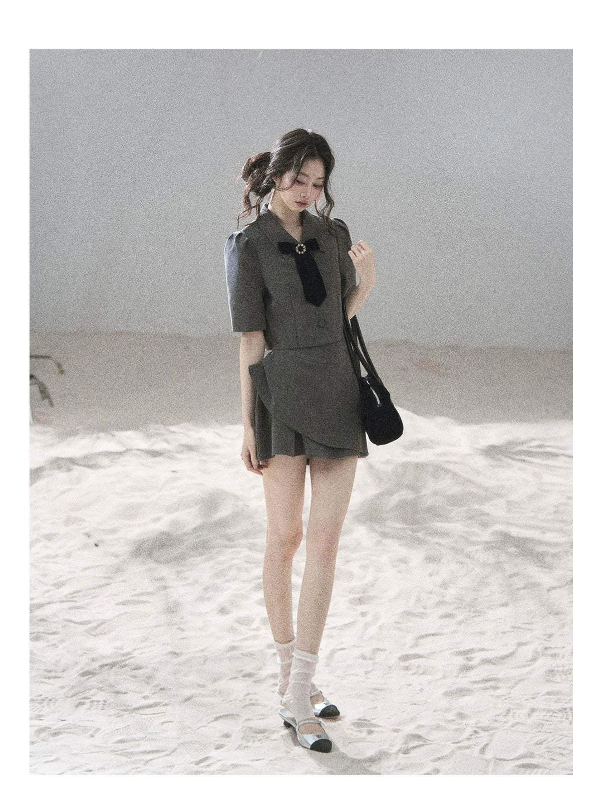 "Paris Afternoon" Slate Gray Bow Top & A-Line Mini Skirt Two-Piece Set