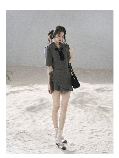 "Paris Afternoon" Slate Gray Bow Top & A-Line Mini Skirt Two-Piece Set