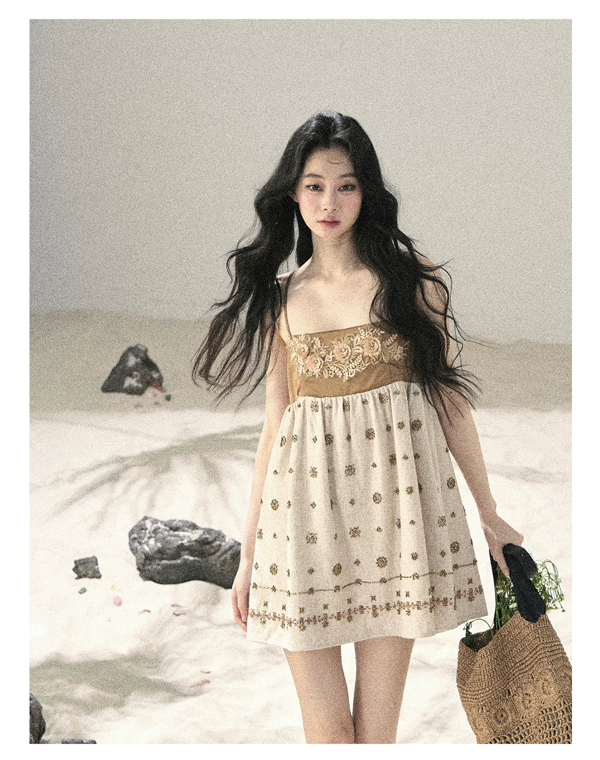 "Whispers Through the Wheat Fields" Oat Beige Floral Cami Babydoll Mini Dress