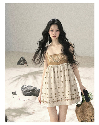 "Whispers Through the Wheat Fields" Oat Beige Floral Cami Babydoll Mini Dress