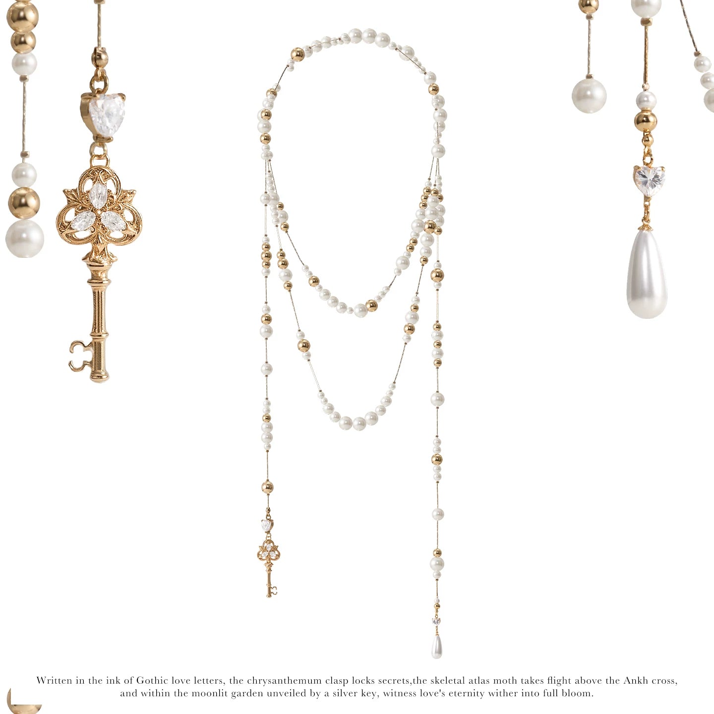 Vintage Key & Pearl Layered Long Necklace – Luxury Water Drop Charm Statement Necklace for Women