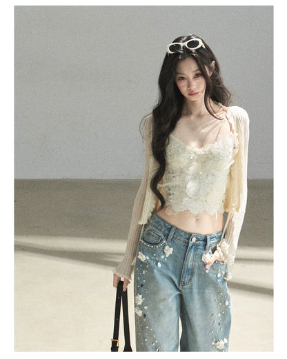 "Waiting for the Breeze" Apricot Lace Knit Cardigan & Cami Set