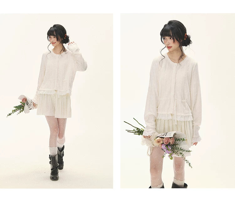 "Wisteria Whisper" Open-Knit Lace Tie Cardigan (Wisteria/ Ivory)