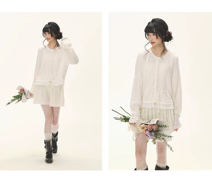 "Wisteria Whisper" Open-Knit Lace Tie Cardigan (Wisteria/ Ivory)
