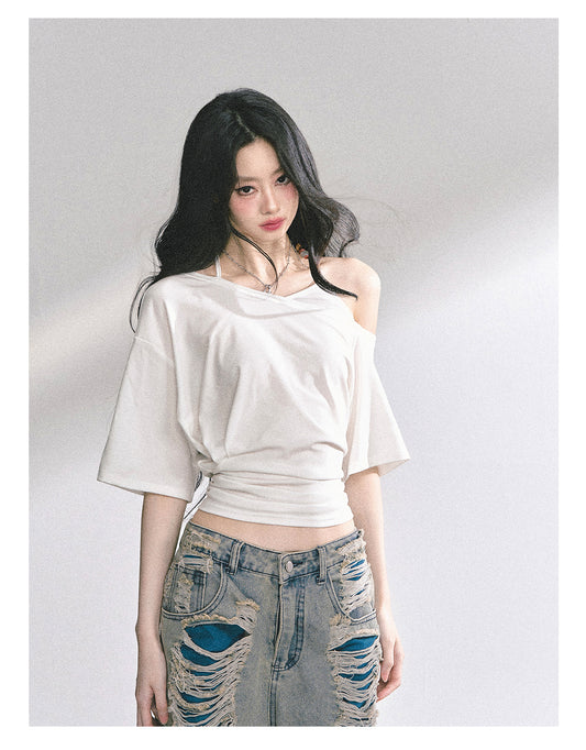 少也眼 “Smart Relax” Asymmetric Halter Short Tee - White