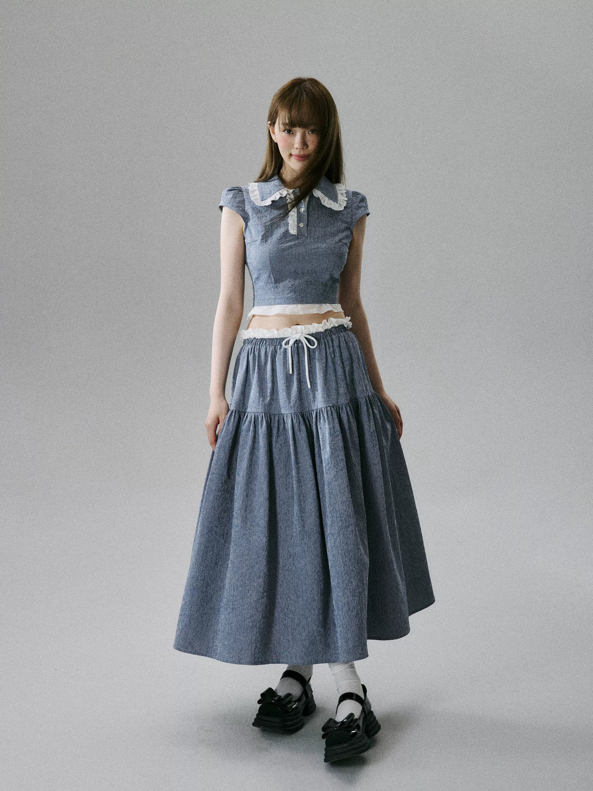 LOST FOREST - Denim Blue Fitted Top & Low-Waist Skirt Set