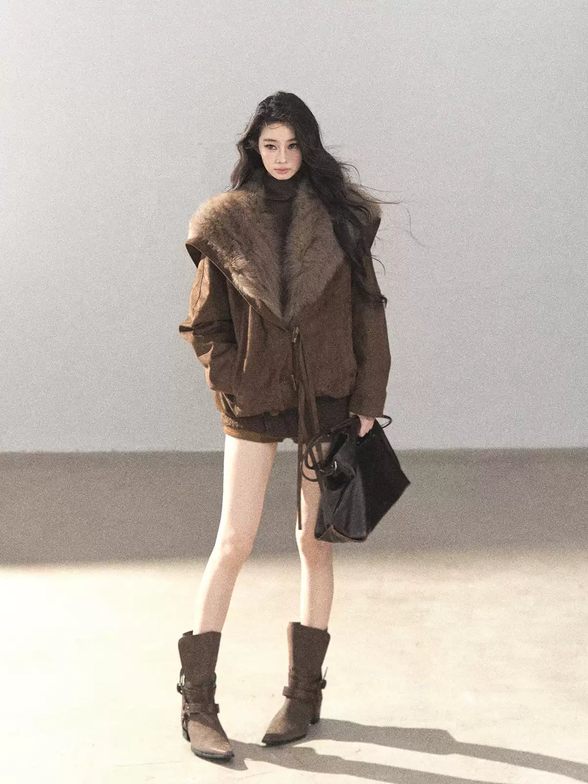 AOMALM - Antique Bronze Faux-Suede Goose Down Parka with Fox Fur Collar