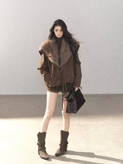 AOMALM - Antique Bronze Faux-Suede Goose Down Parka with Fox Fur Collar