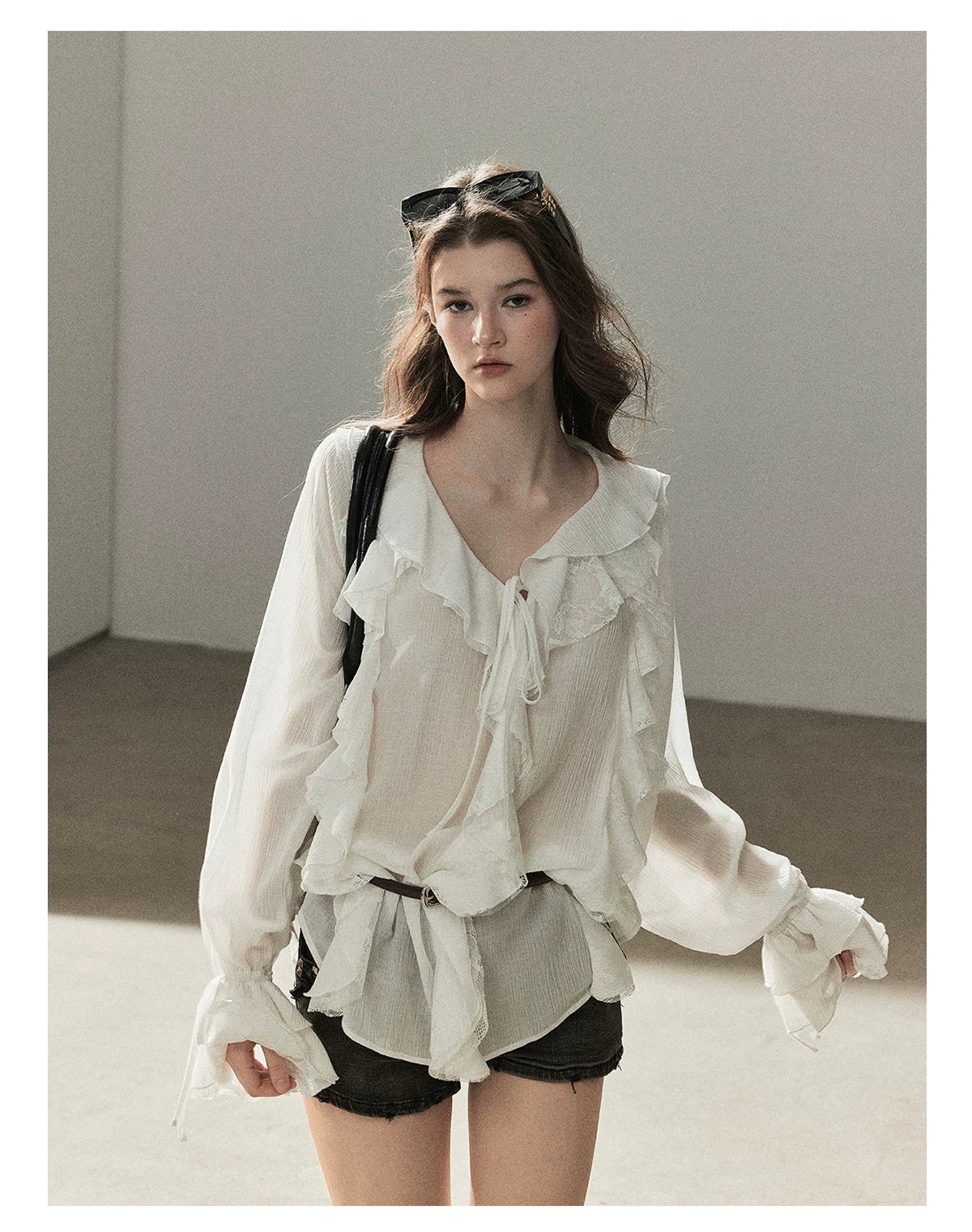 AOMALM - "A Featherlight Touch" French Camellia White Lace Chiffon Top with Belt (Camellia / Oatmeal / Cinnamon Pink)