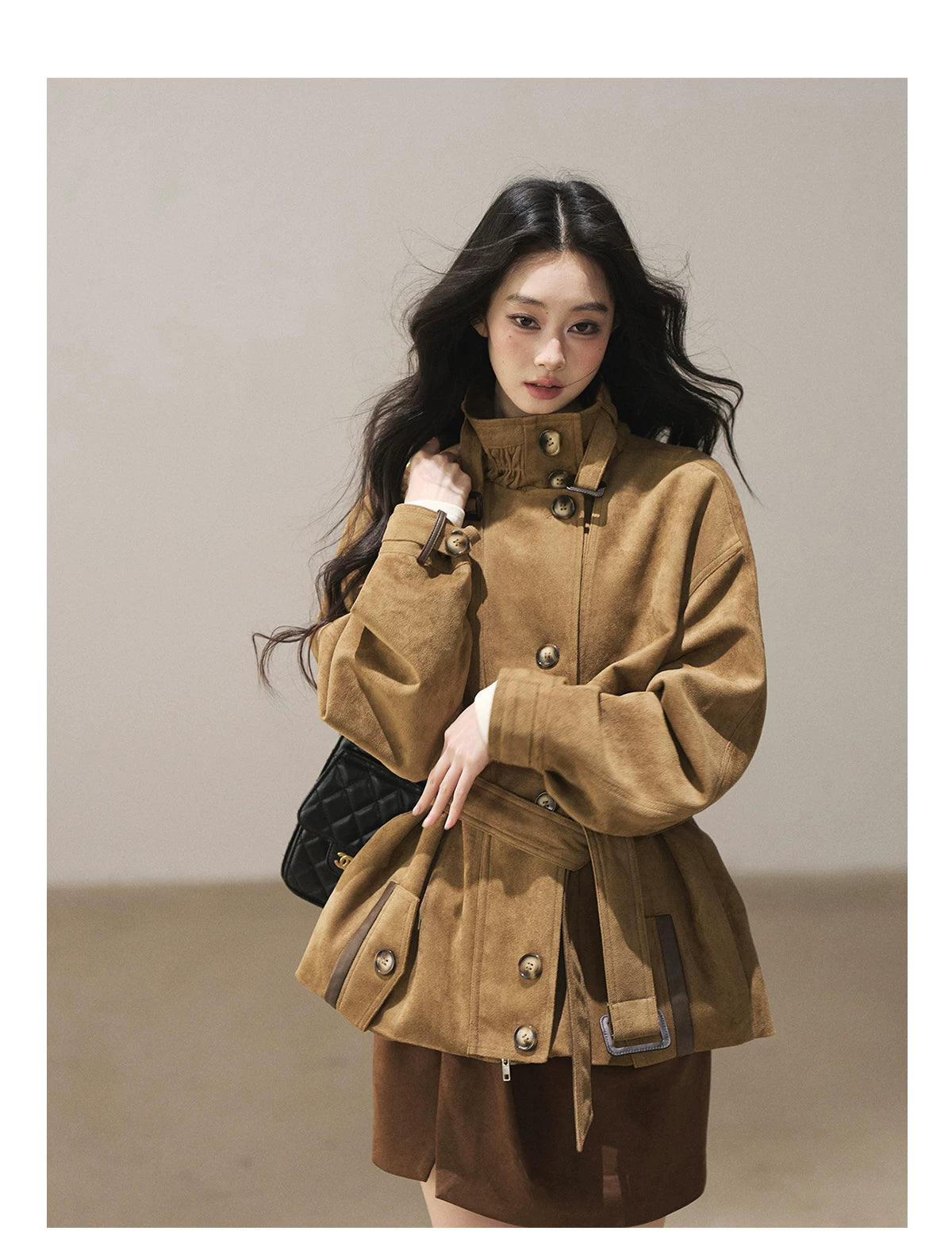 AOMALM - Chestnut Brown Faux-Suede Cropped Utility Coat with Belt