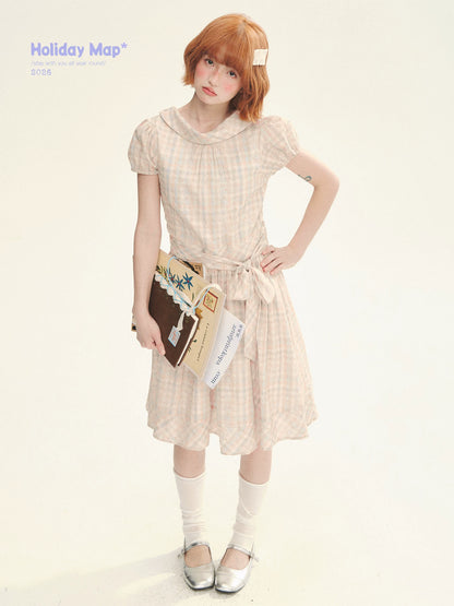 "Showa Girl" Vintage Plaid Floral Print Peter Pan Collar Bow Waist-Defined A-Line Dress