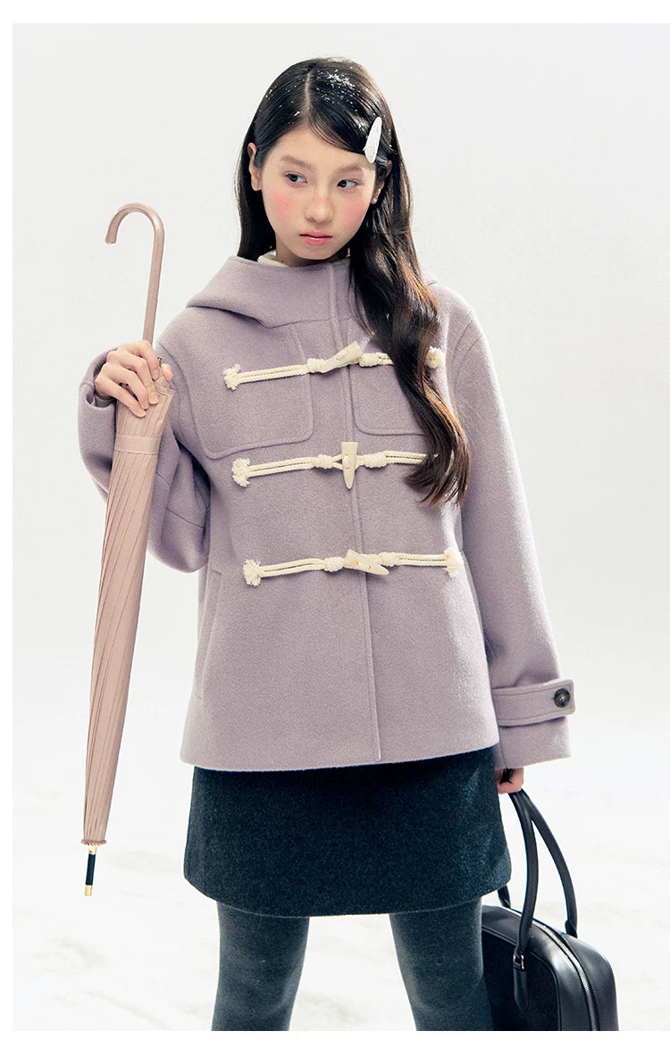"Velvet Snowfall" Purple Mist Hooded Quilted Wool-Touch Duffle Coat