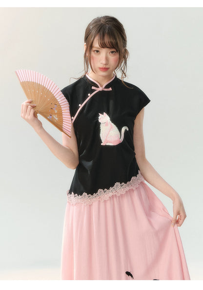 "Pink Letter, Cat’s Silhouette" New Chinese Embroidered Skirt Set SH2026223