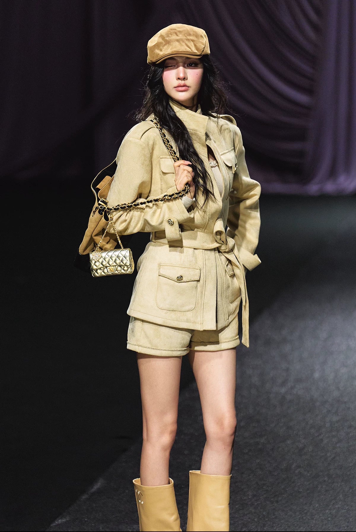 "Golden Dune" Khaki Faux Suede Jacket & Tailored Shorts Set