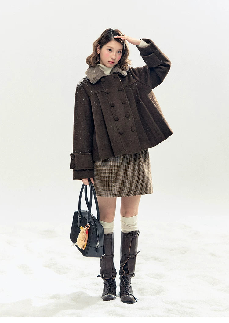"Berlin Snowfall" Double-Breasted Quilted Wool-Blend Peacoat (Ivory/ Chocolate Brown)