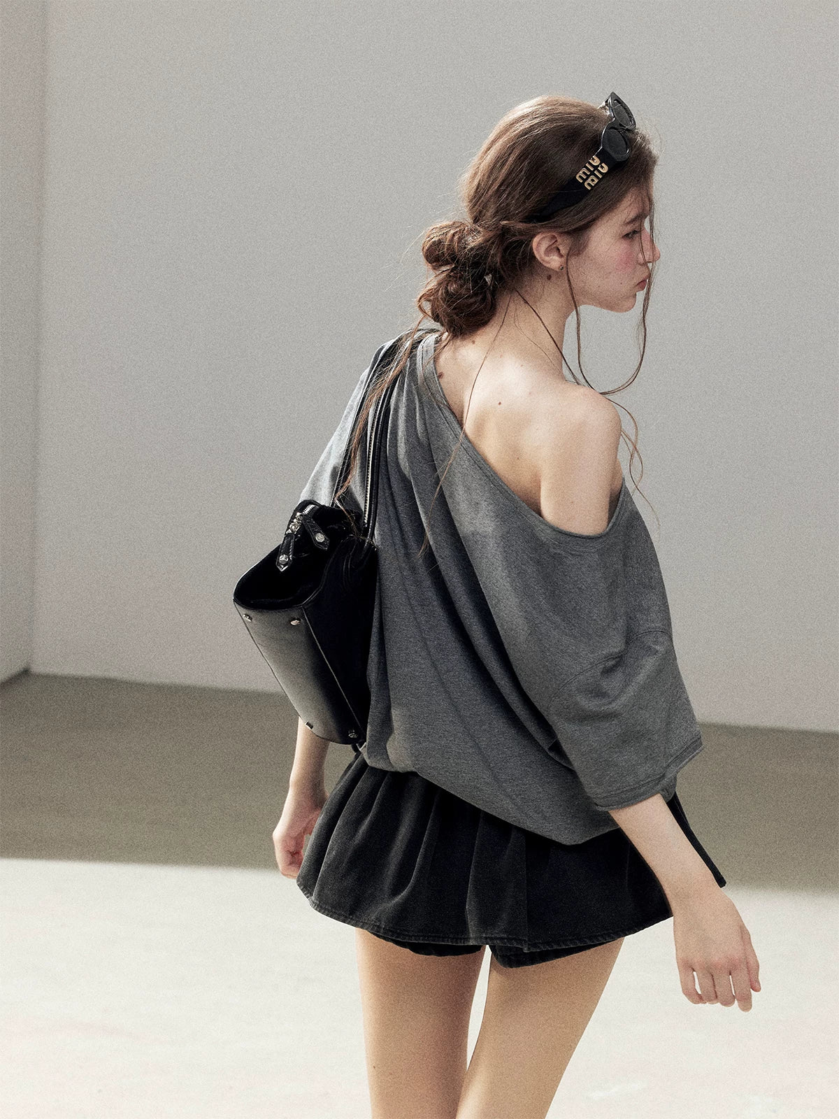 "Muted Shades of Gray" Silver Mouse Gray Off-Shoulder Tee