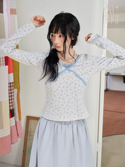 DAILY ARTIST - Light Gray Floral Lace Cross-Front Long-Sleeve Top