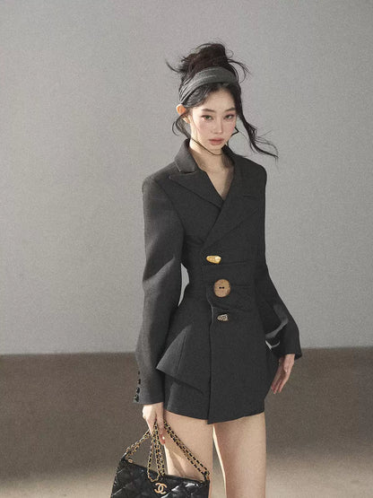 AOMALM - Deep Slate Gray Tailored Blazer & Shorts Set