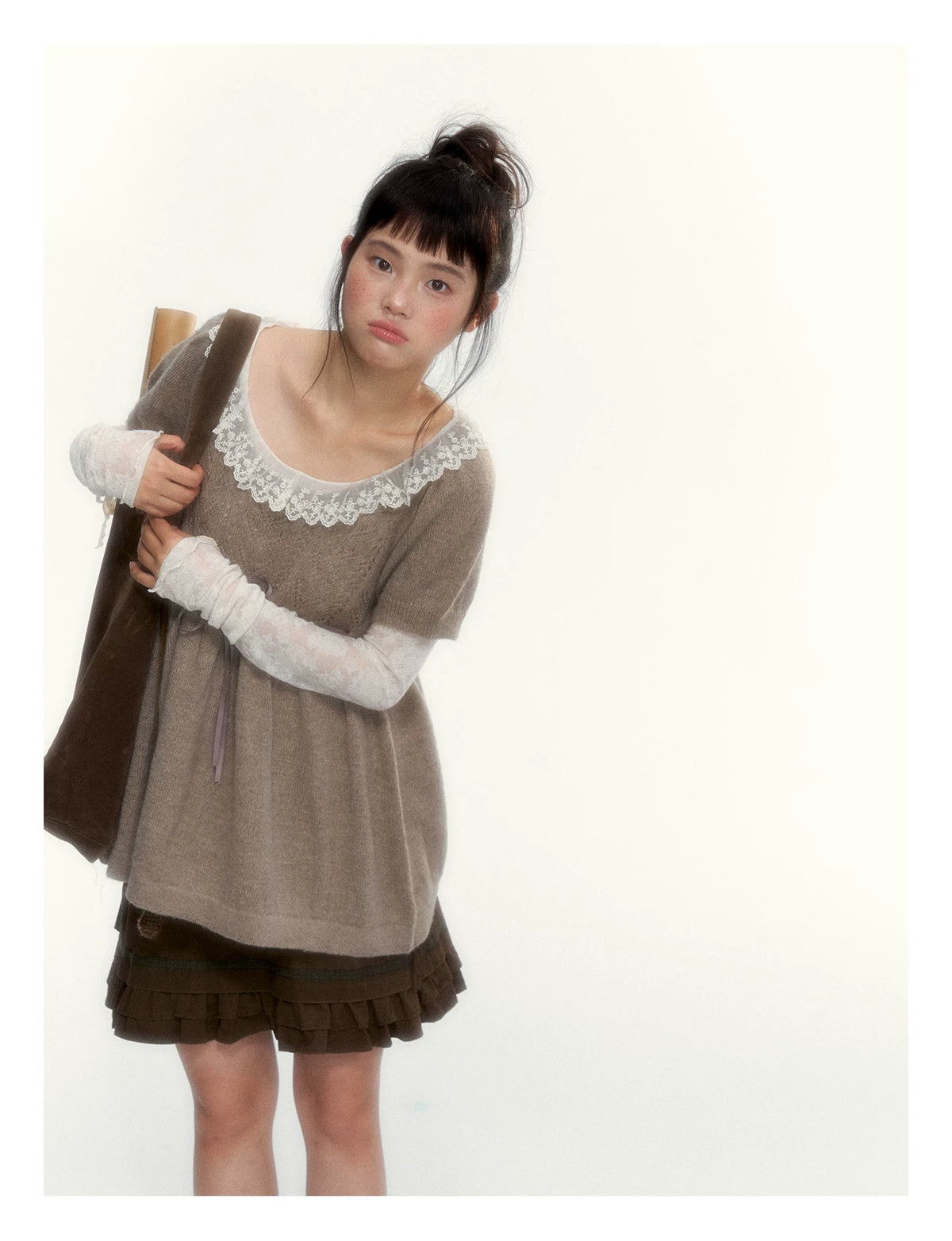 “Cloud Pleats” Chestnut Mist U-Neck Bow-Tie Puff Sleeve Knit Sweater