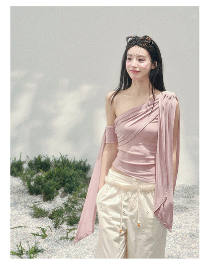 “Sunset Coral” Asymmetrical Ribbon Sleeve Crop Top