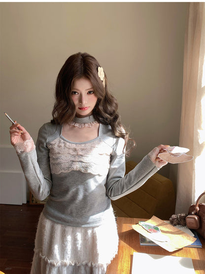 阮阮自制 - Satin Knot Mist Gray Lace-Panel Knit Base Top