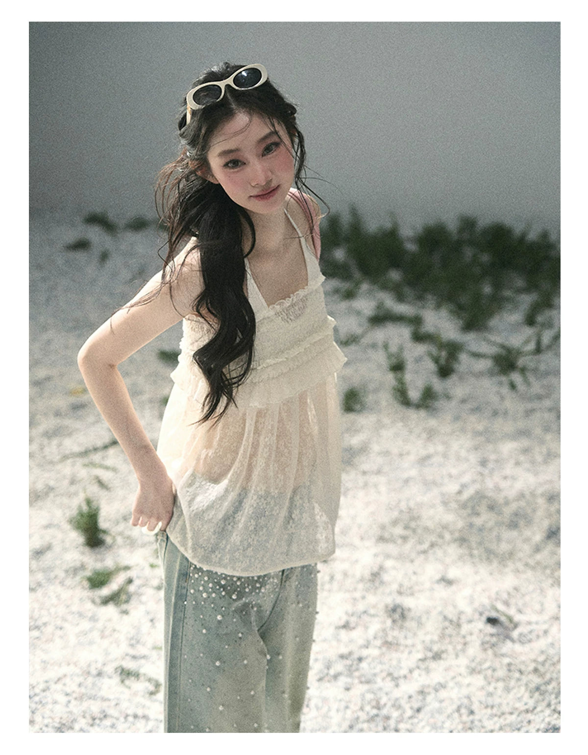 “Shattered Glasslight Veil” Cream Lace Halter Twinset Top