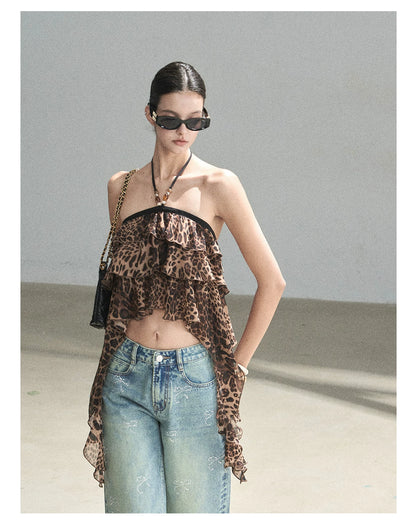 "Chasing the Sunset" Chestnut Brown Leopard Halter Ruffle Crop Top