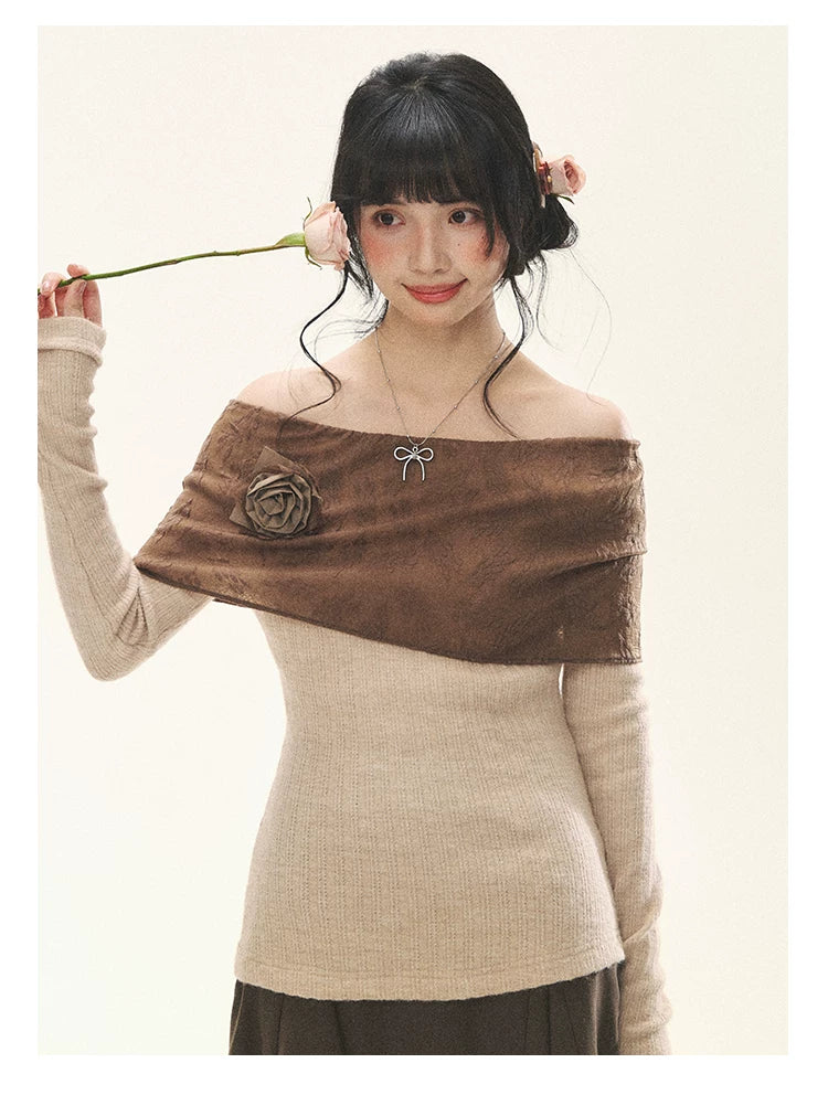 "Vintage Contrast" Brown Apricot Off-Shoulder Floral Knit Top