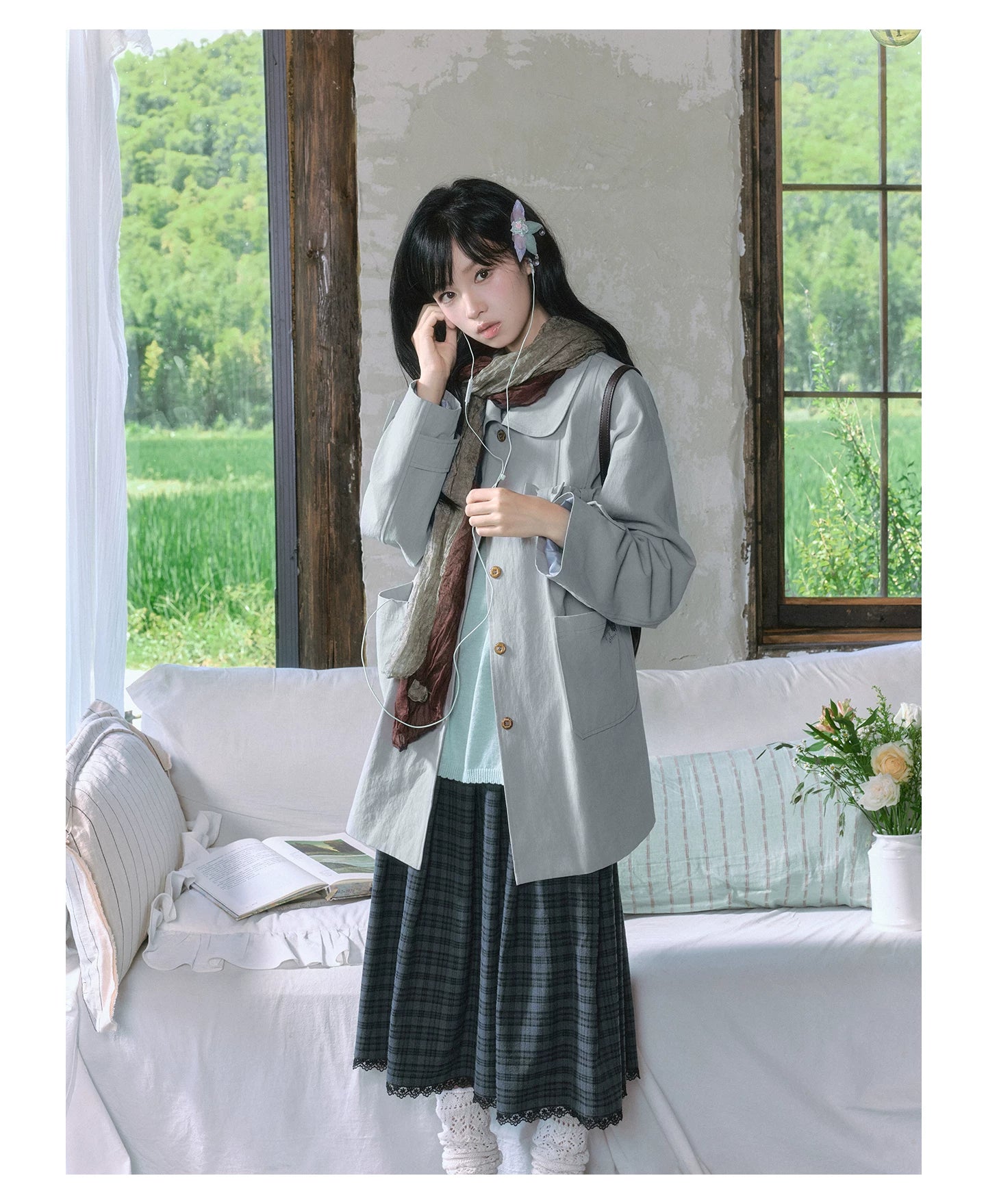 "Sage Whisper" Layered Trench Collection (Round Collar Coat / Knit Top / Polka Dot Cami / Plaid Skirt)