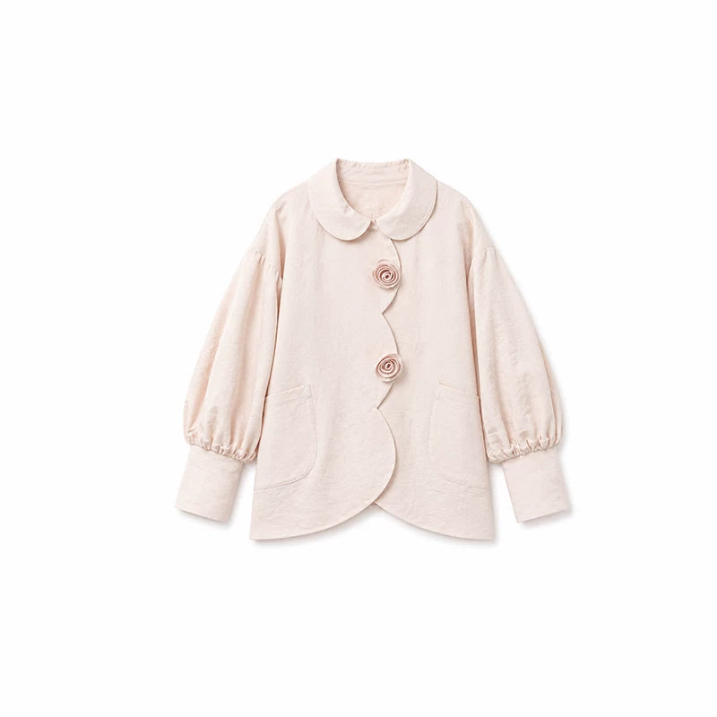 DAILY ARTIST - Soft Pink Pearl Satin Rose Bubble Sleeve Jacket
