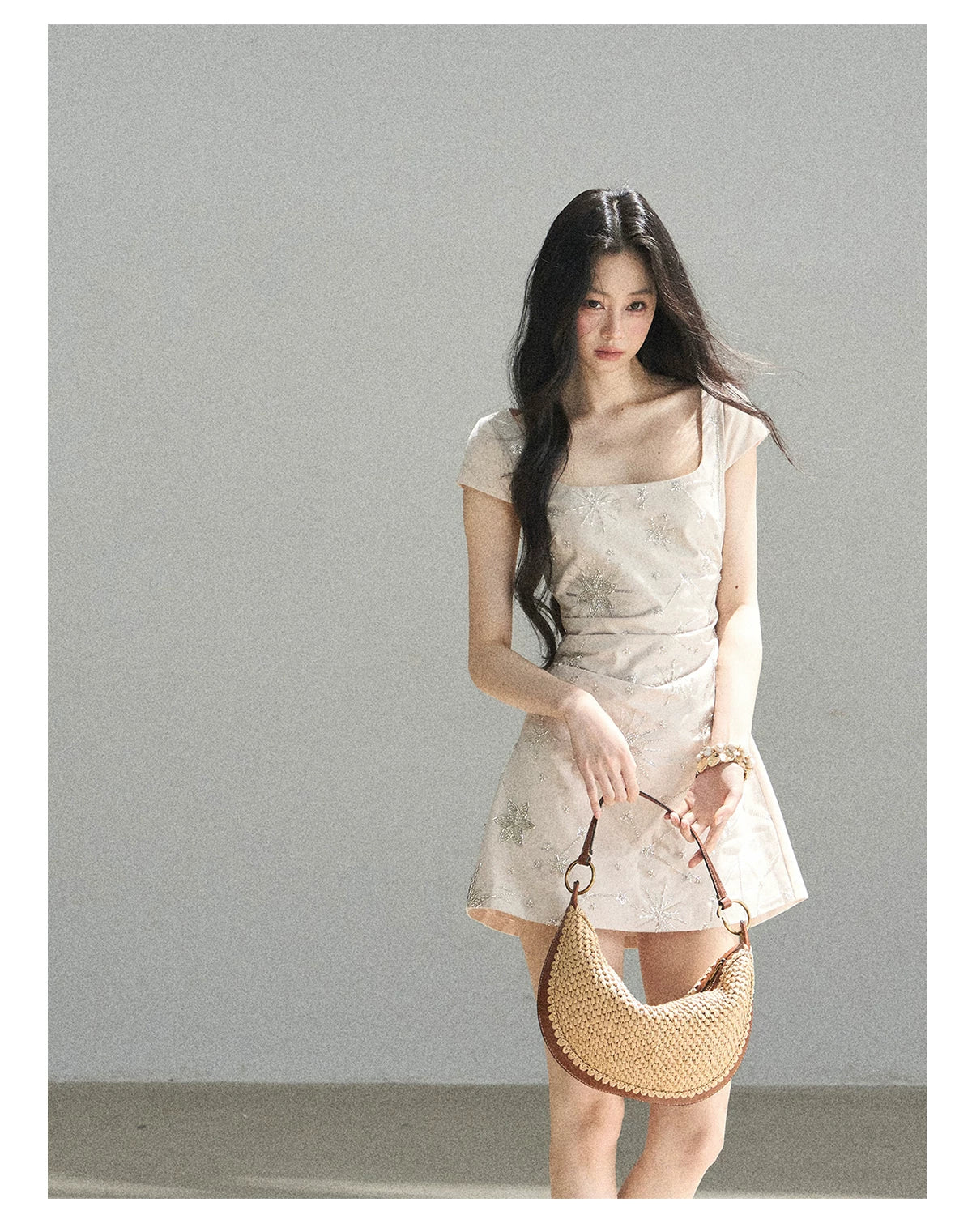 "Summer in Slow Motion" Mother-of-Pearl Star Beaded Fit & Flare Mini Dress