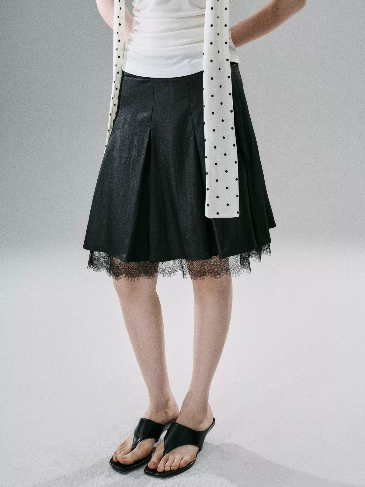 LOST FOREST - Satin Lace Midi Skirt with Bow Detail (Red-Brown / Deep Black)