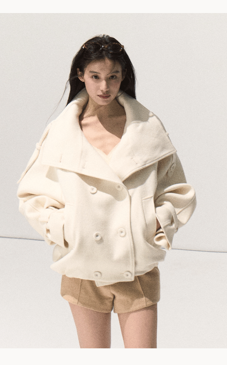 OAKMOO/ Sand Beige Wool Stand-Collar Short Coat