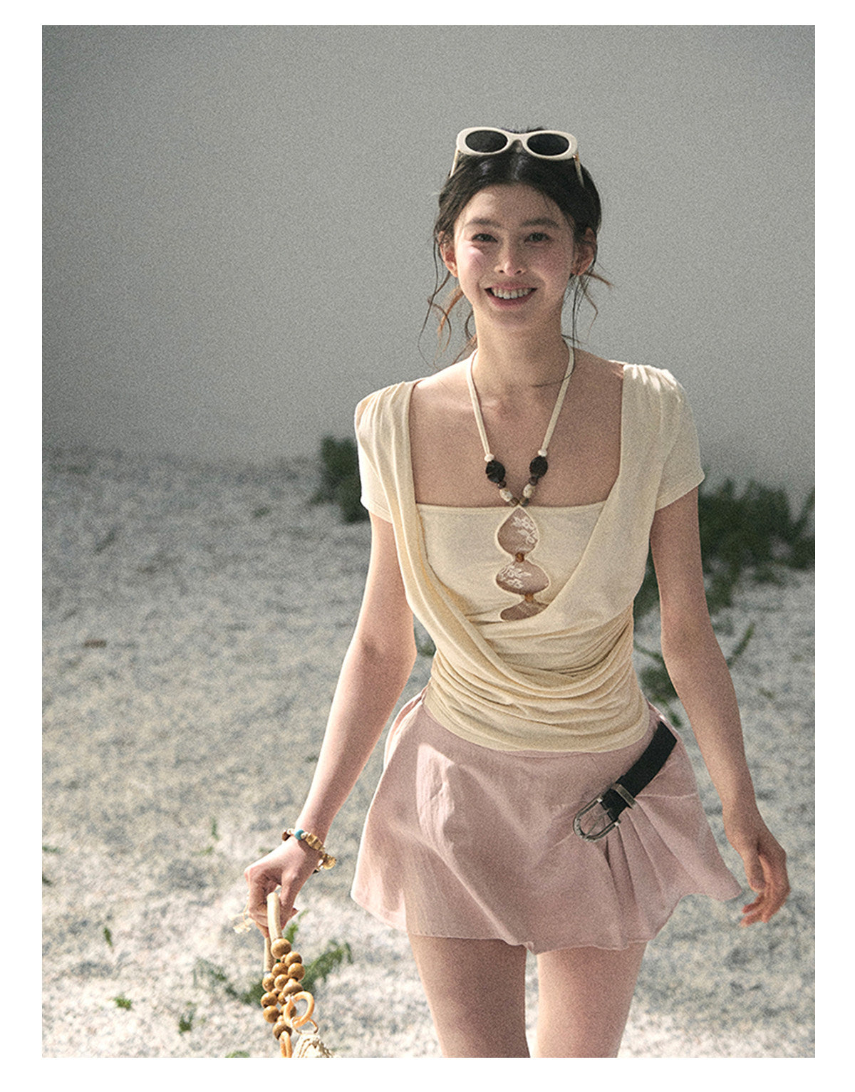 “Soft Veil Muse” Cream Apricot Layered Halter Lace Top