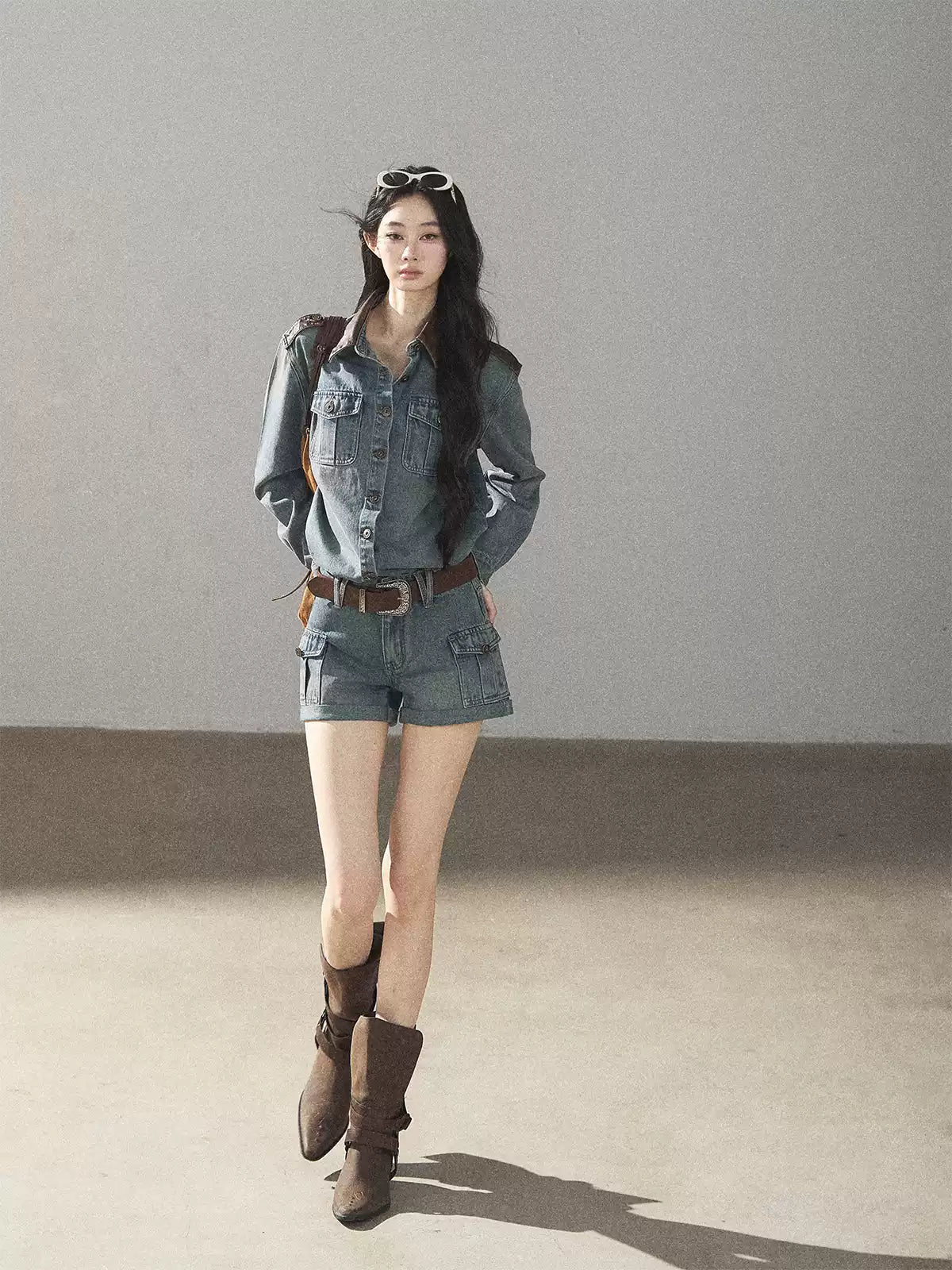 AOMALM - "Borrowed Sunshine" Vintage Blue Denim Commuter Set (Top + Shorts with Belt)