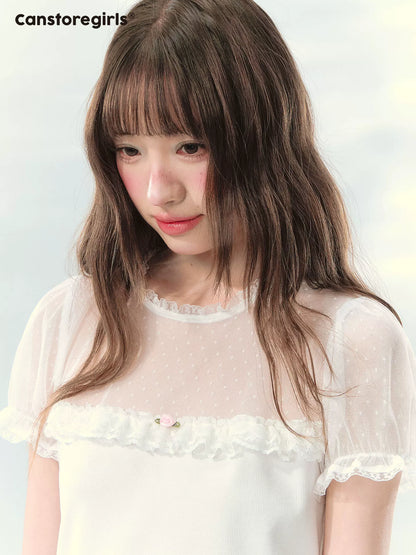“Soft Candy Stardust” Lace Mesh Puff Sleeve Tee  LL2026149