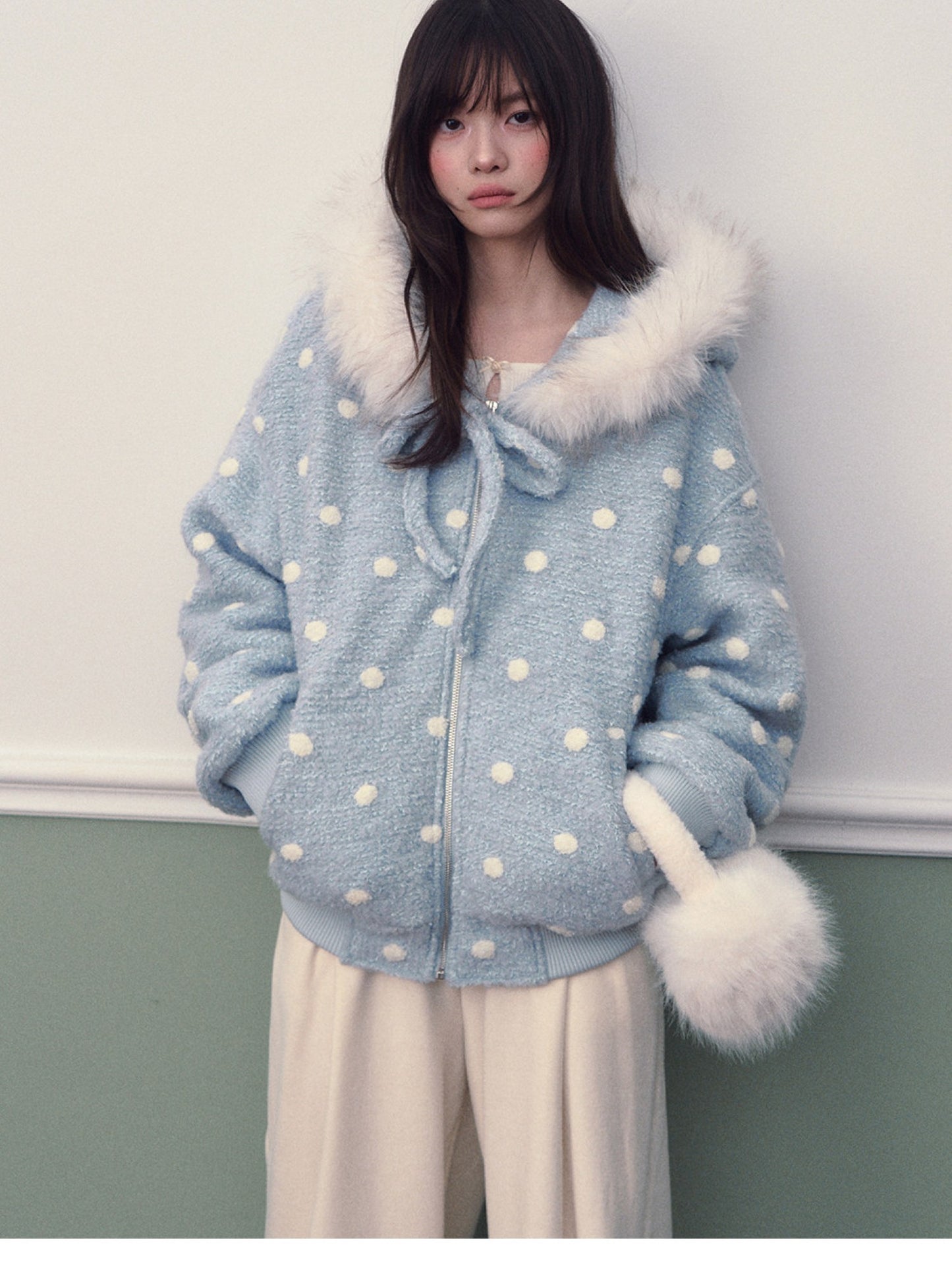 Soote Season - Pastel Blue Polka Dot Wool-Blend Hooded Varsity Jacket with Bow Detail