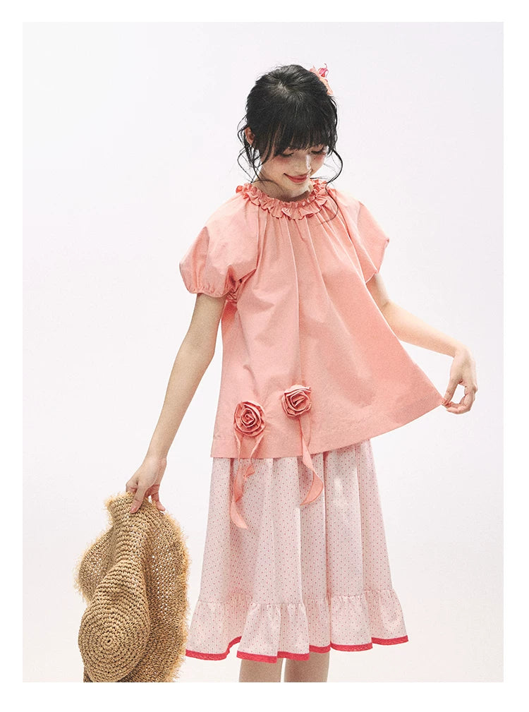 "Pink Grapefruit Bloom" Grapefruit Red Rose Puff Sleeve Blouse