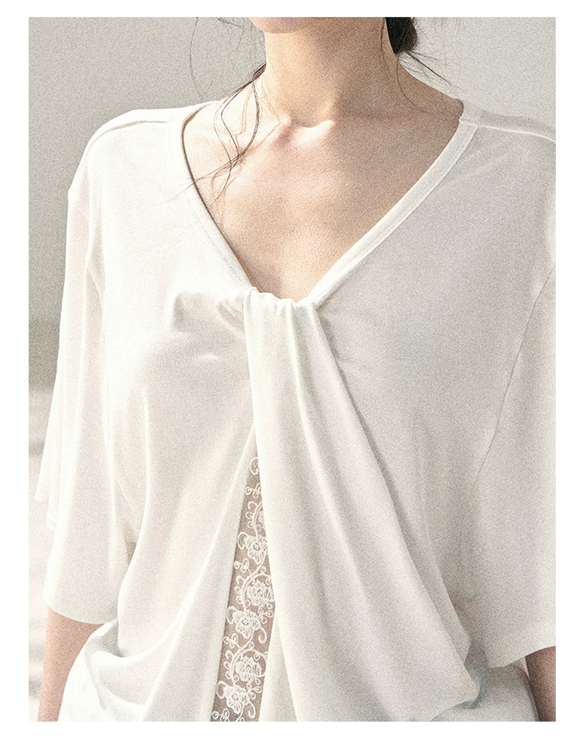 "Undisturbed Mist" Cloud White Lace Cutout V-Neck T-Shirt 45638453