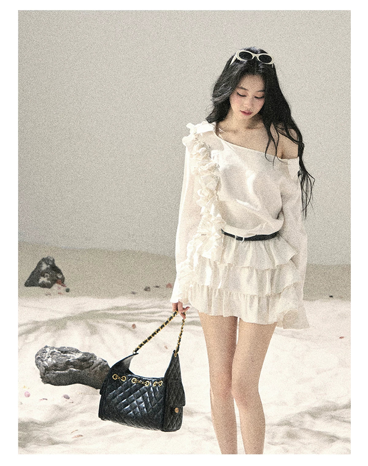 "Petals of Early Summer" Mist White Ruffle One-Shoulder Cake Dress (With Belt) 58648