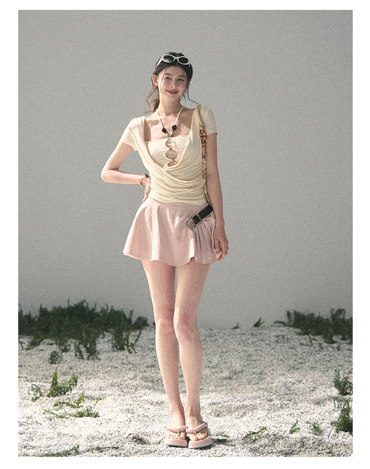 “Soft Veil Muse” Cream Apricot Layered Halter Lace Top