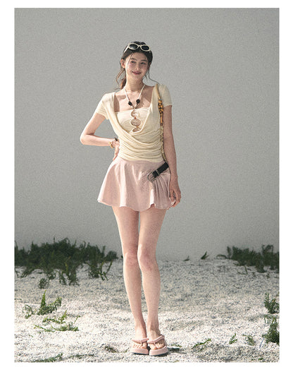 “Soft Veil Muse” Cream Apricot Layered Halter Lace Top