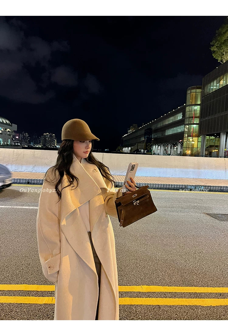QuQuOuYang - 100% Wool Double-Face Belted Coat with Convertible Collar